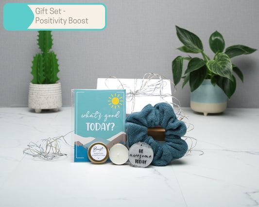 Positivity Wall Art Gift Sets in Multiple Sizes, Cozy Scrunchie, A6 Art Print, keyring, candle, 500ml glass tumbler, Home Decor Gift Box