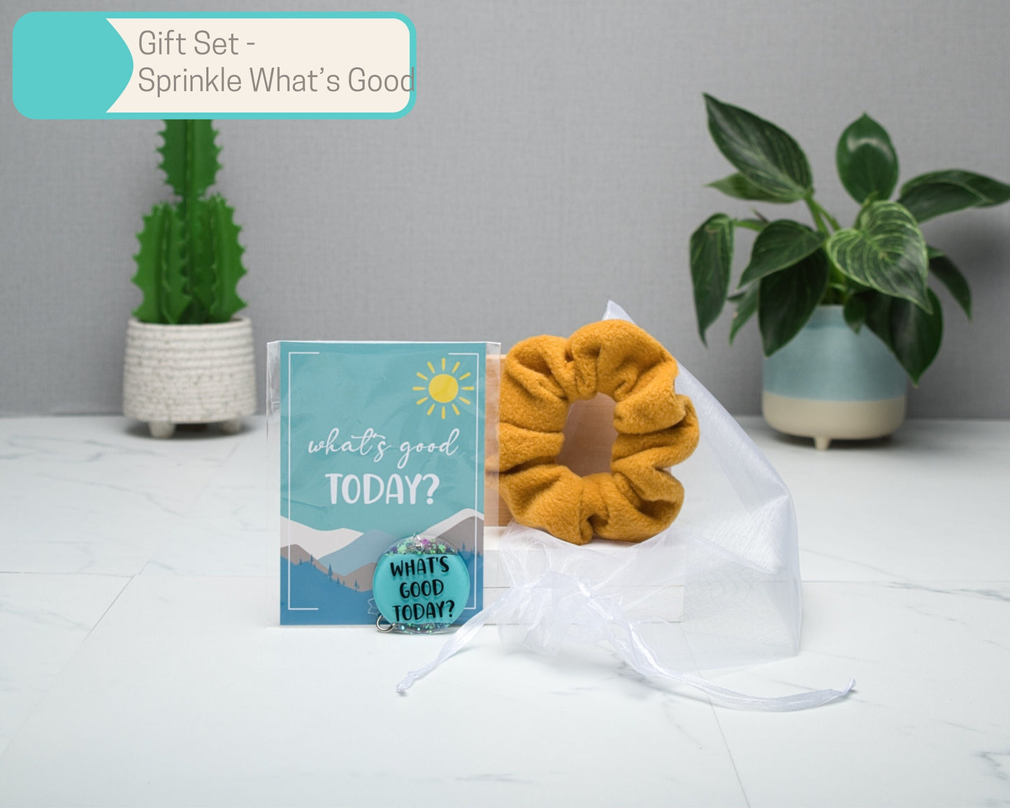Motivational Wall Art Gift Sets in Multiple Sizes, What's Good Today, Cozy Scrunchie, A6 Art Print, keyring, candle, Home Decor Gift Box
