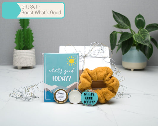 Motivational Wall Art Gift Sets in Multiple Sizes, What's Good Today, Cozy Scrunchie, A6 Art Print, keyring, candle, Home Decor Gift Box