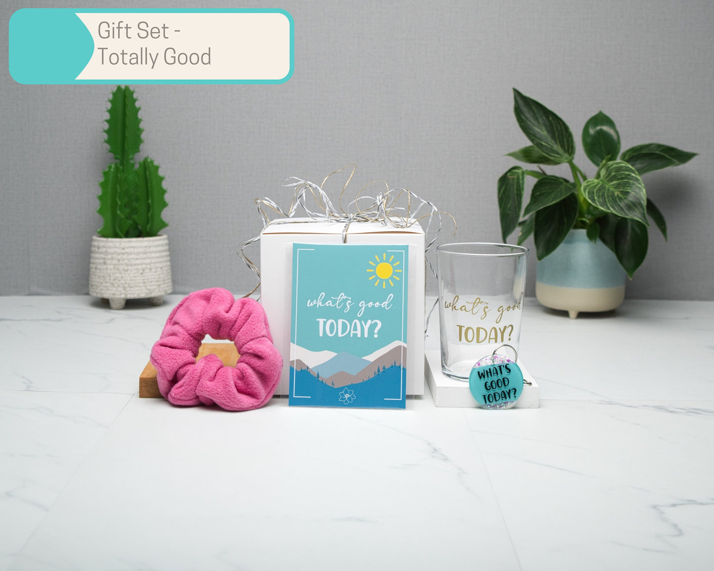 Positive Thinking Wall Art Gift Sets in Multiple Sizes, What's Good Today Scrunchie, Tote Bag, A6 Art Print, keyring, 500ml glass tumbler