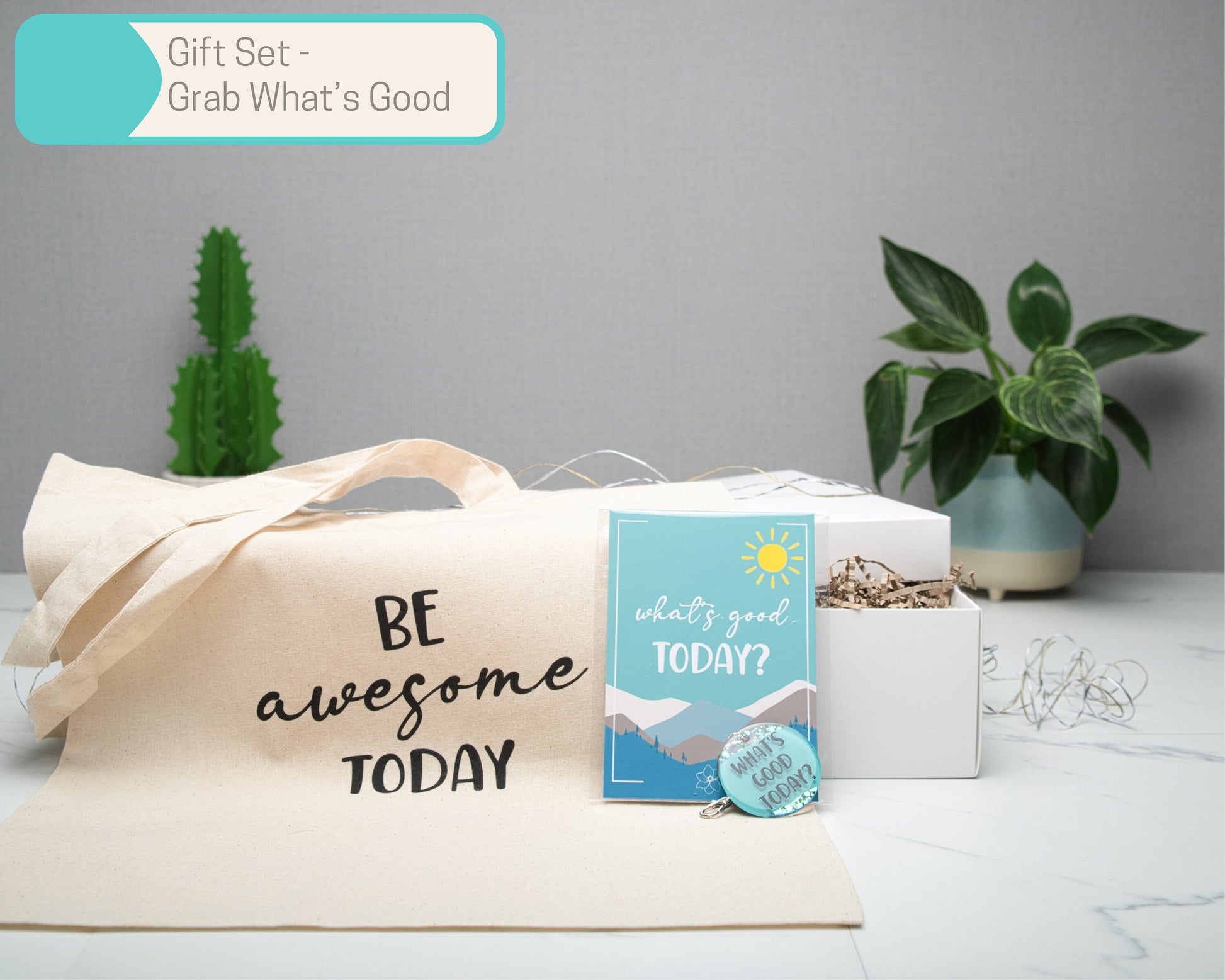 Positive Thinking Wall Art Gift Sets in Multiple Sizes, What's Good Today Scrunchie, Tote Bag, A6 Art Print, keyring, 500ml glass tumbler