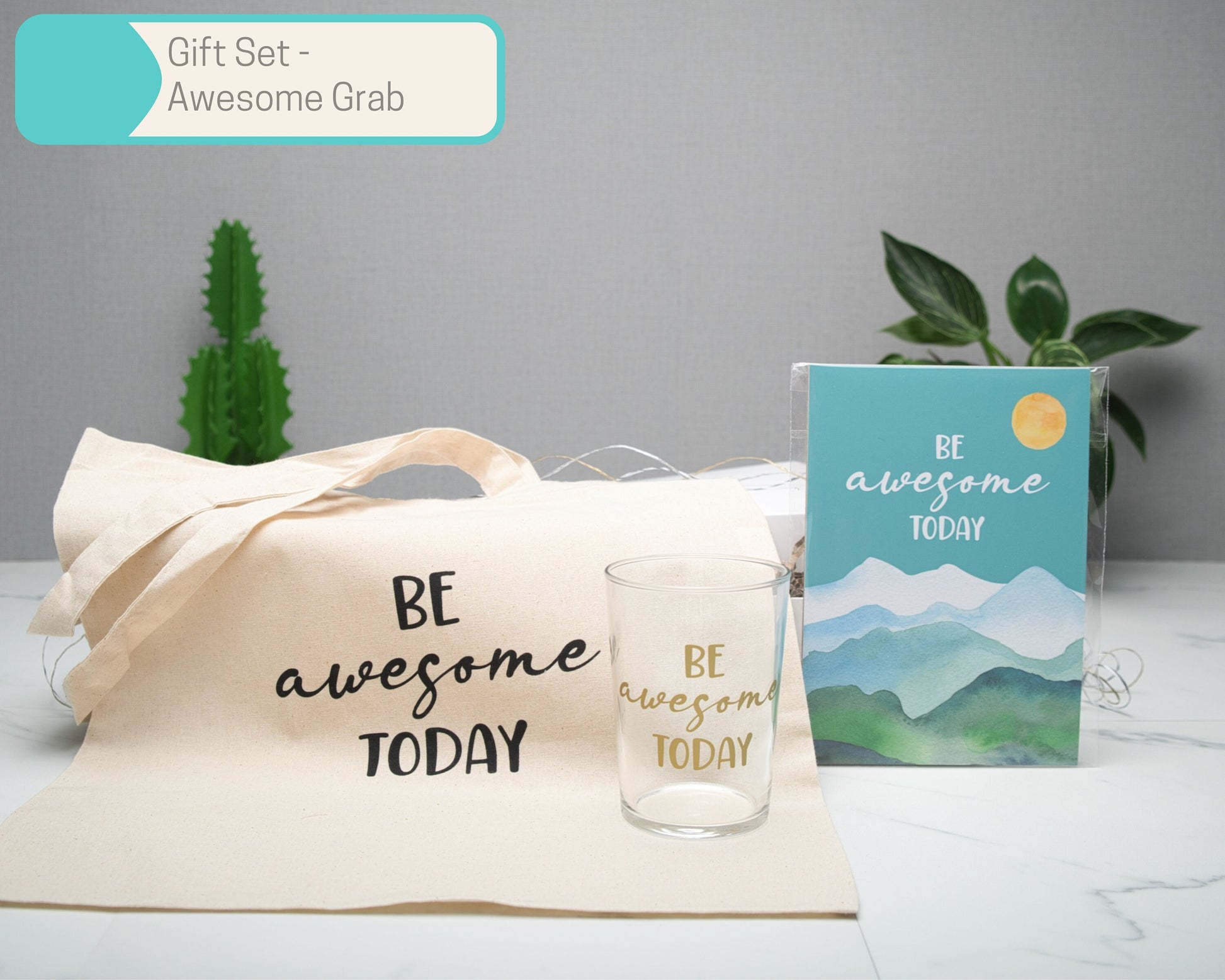 Be Awesome Today Wall Art Gift Sets in Multiple Sizes, Tote Bag, Scrunchie, A5 Art Print, candle, 500ml glass tumbler, Home Decor Gift Box