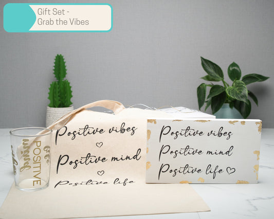 Wood Block Gift Sets Positive Vibes Mind Life in Multiple Sizes, Tote Bag, Scrunchie, candle, 500ml glass tumbler, keyring, Home Decor Gift