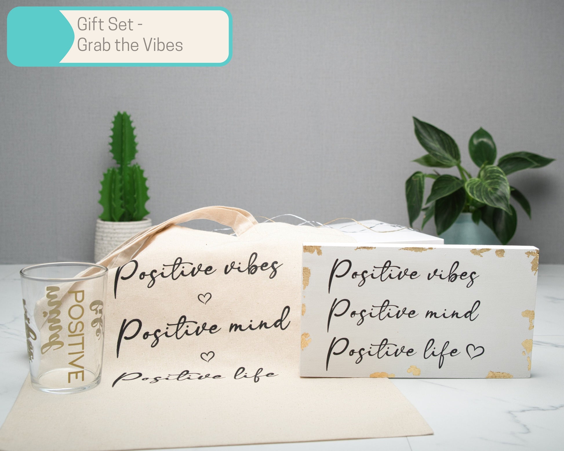 Wood Block Gift Set Positive Vibes Mind Life with Aromatherapy Candle & 500ml Glass Tumbler, Self Care Inspirational Quotes, Handmade Gift