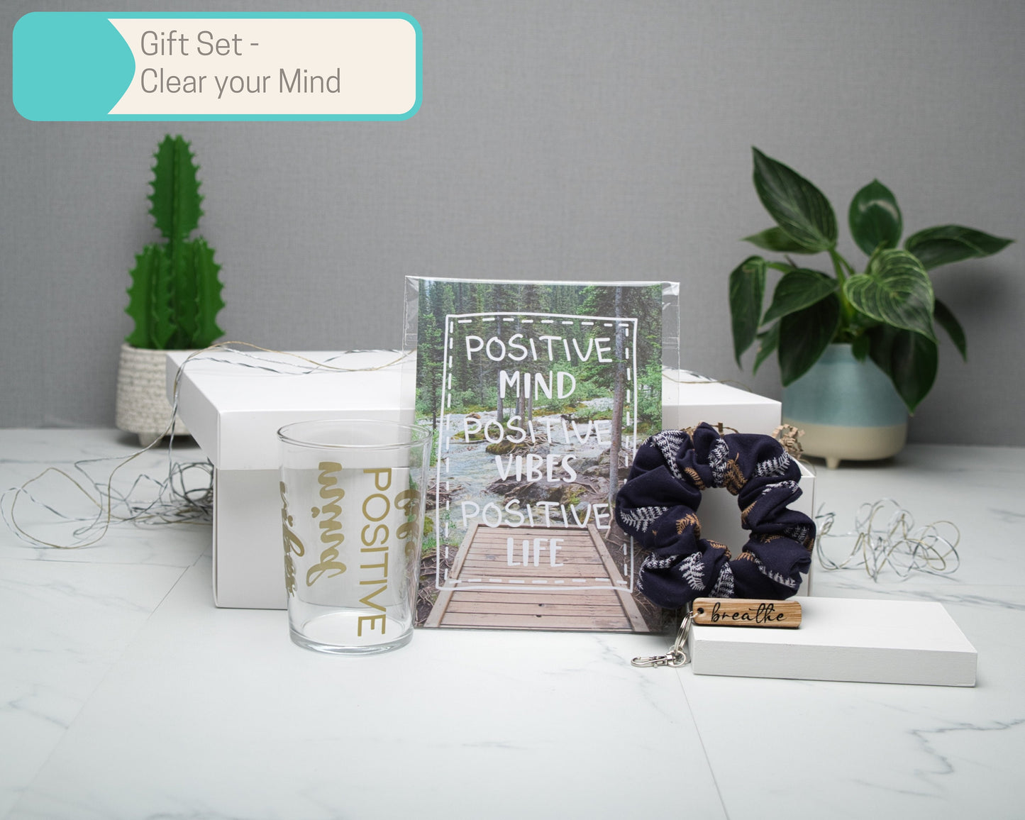 Positive Vibes Mind Life Wall Art Gift Sets in Multiple Sizes, Reusable todo List, Scrunchie, A5 Art Print, candle, 500ml glass tumbler