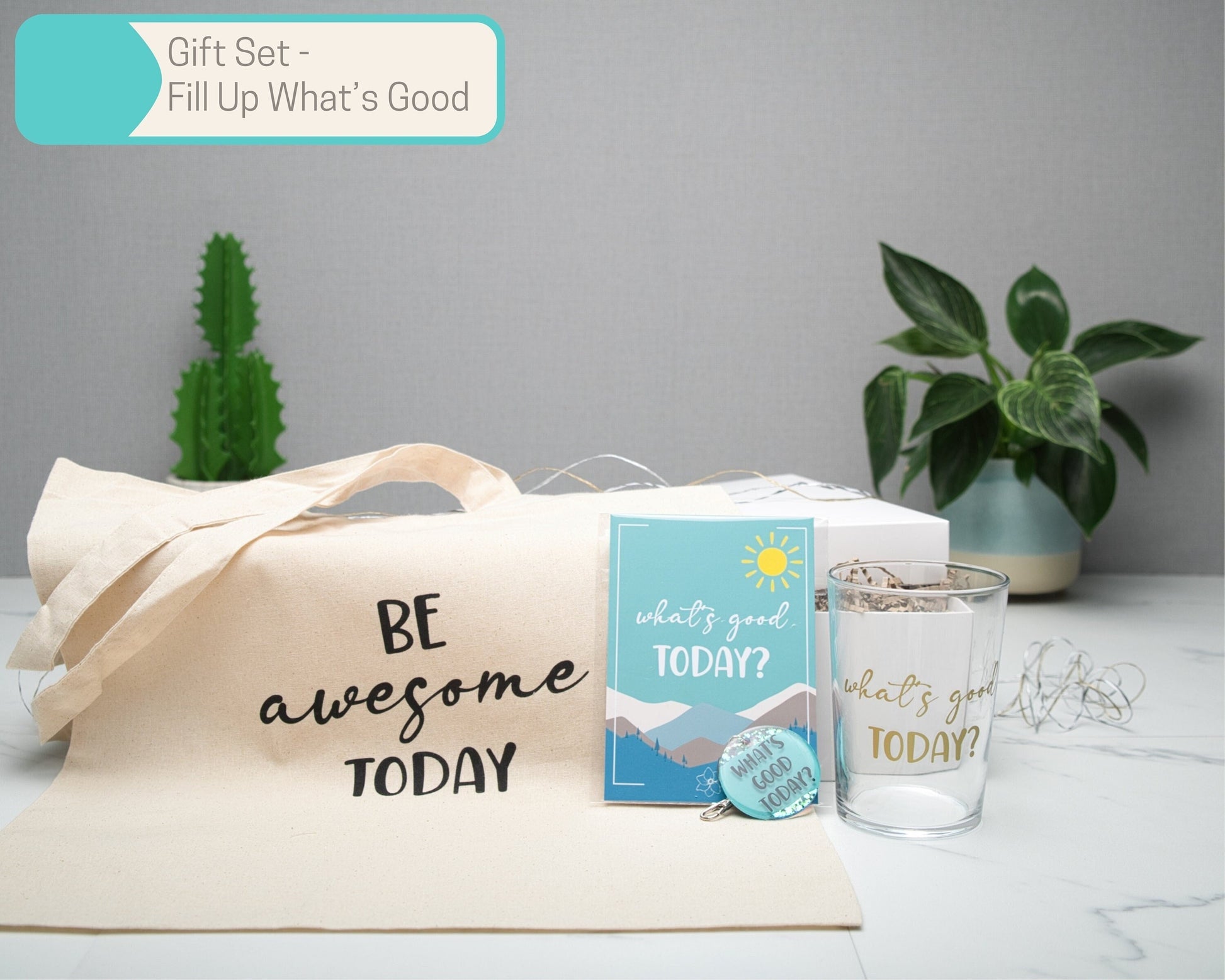 Positive Thinking Wall Art Gift Sets in Multiple Sizes, What's Good Today Scrunchie, Tote Bag, A6 Art Print, keyring, 500ml glass tumbler
