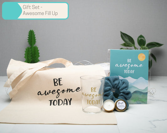 Be Awesome Today Wall Art Gift Sets in Multiple Sizes, Tote Bag, Scrunchie, A5 Art Print, candle, 500ml glass tumbler, Home Decor Gift Box