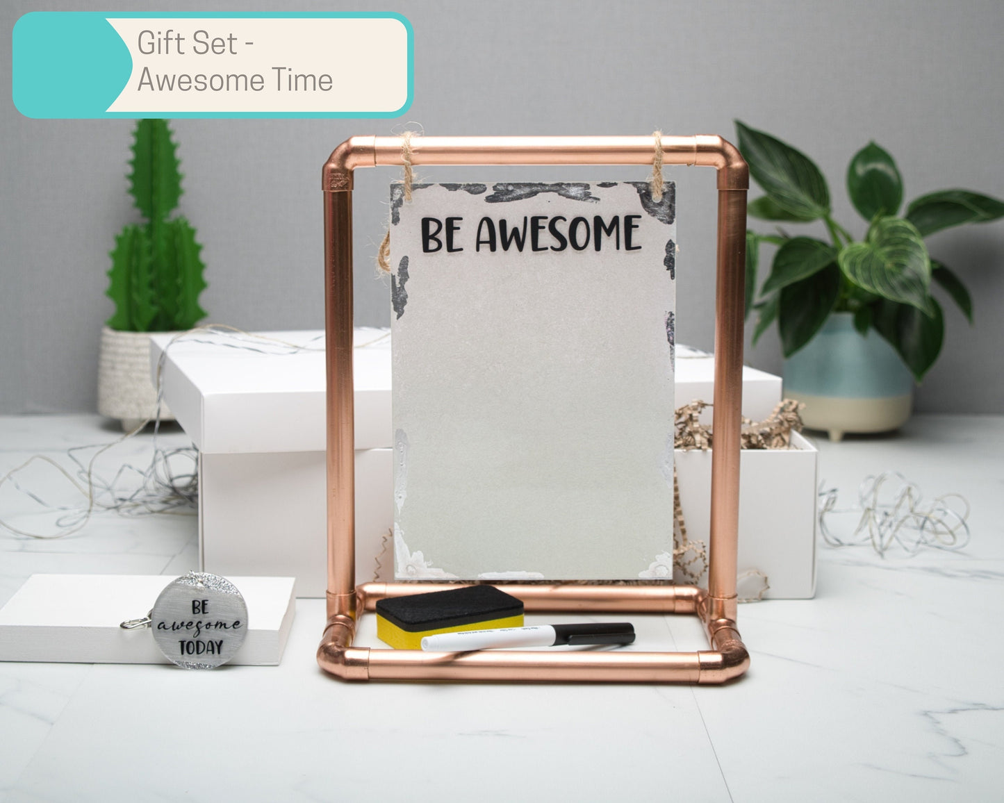 A5 Be Awesome Reusable Acrylic todo List with Copper Pipe Display Stand, Gift Sets in Multiple Sizes, keyring, Dry Wipe Marker, Gift Box