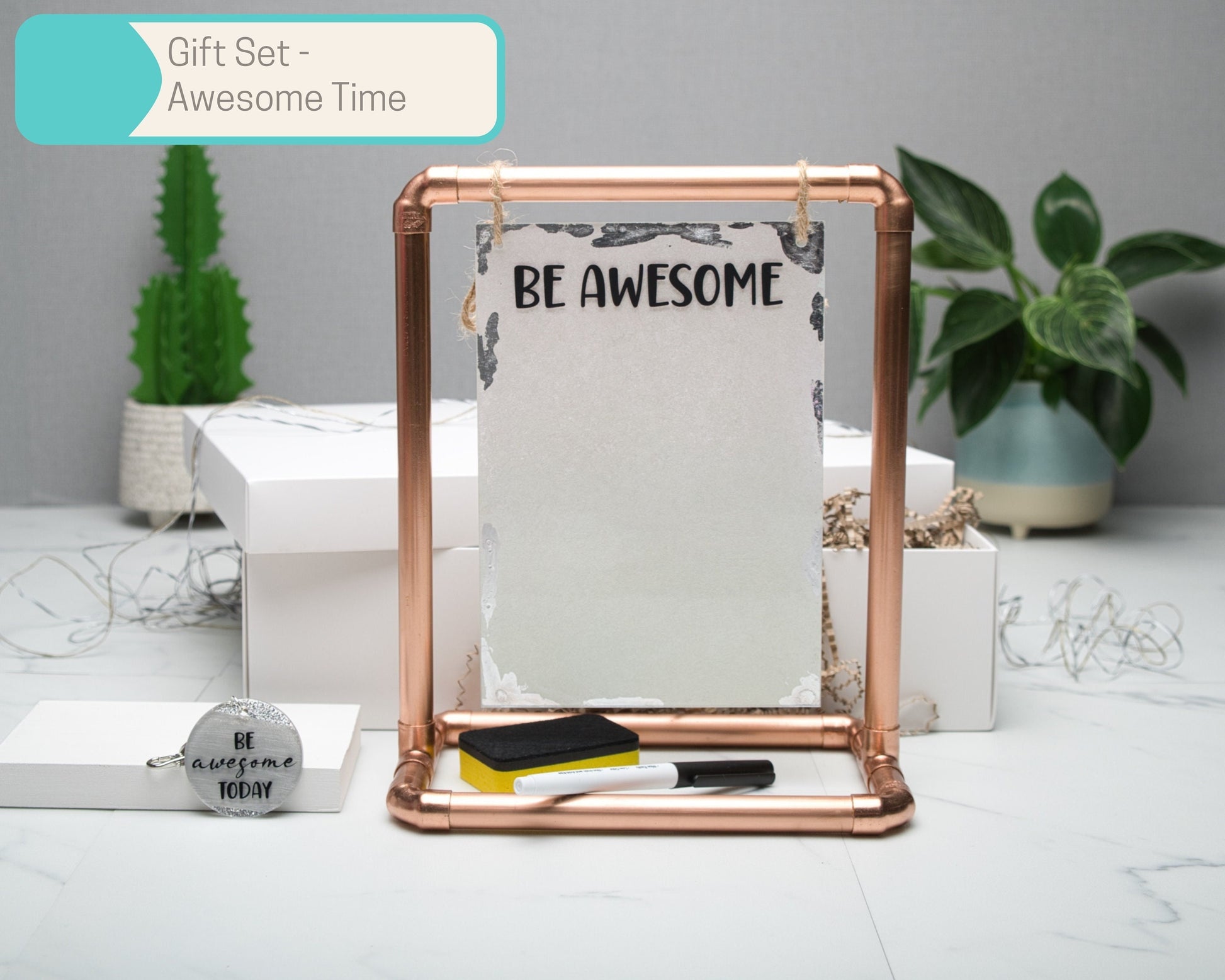 A5 Be Awesome Reusable Acrylic todo List with Copper Pipe Display Stand, Gift Sets in Multiple Sizes, keyring, Dry Wipe Marker, Gift Box