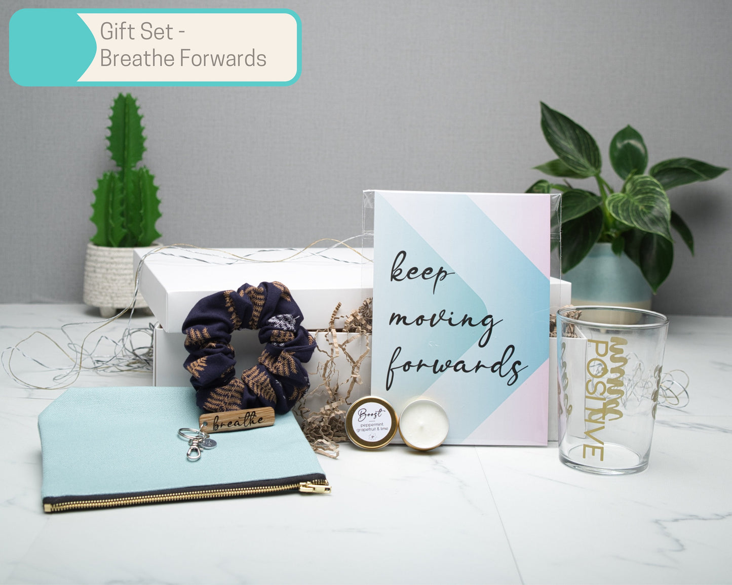 Personalised Keep Moving Forward A5 Wall Art Print Gift Sets, scrunchie, keyring, candle, cosmetics bag, 500ml glass tumbler, Gift Box