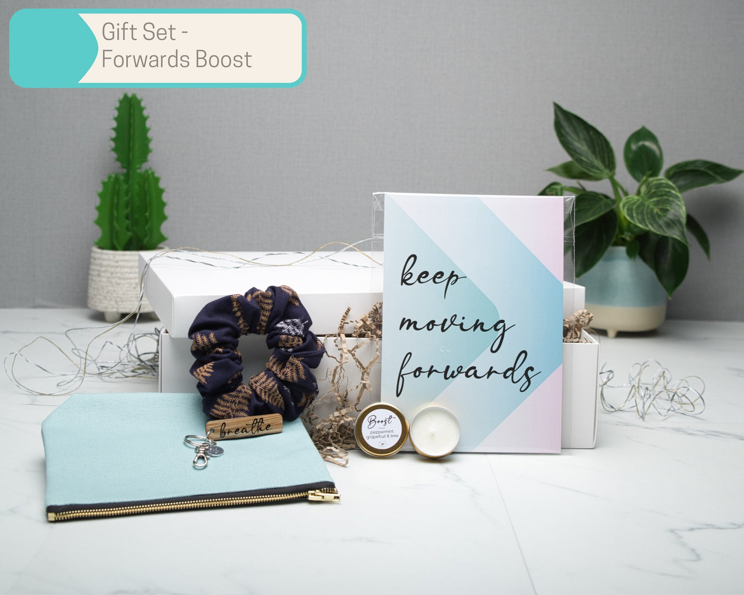 Personalised Keep Moving Forward A5 Wall Art Print Gift Sets, scrunchie, keyring, candle, cosmetics bag, 500ml glass tumbler, Gift Box