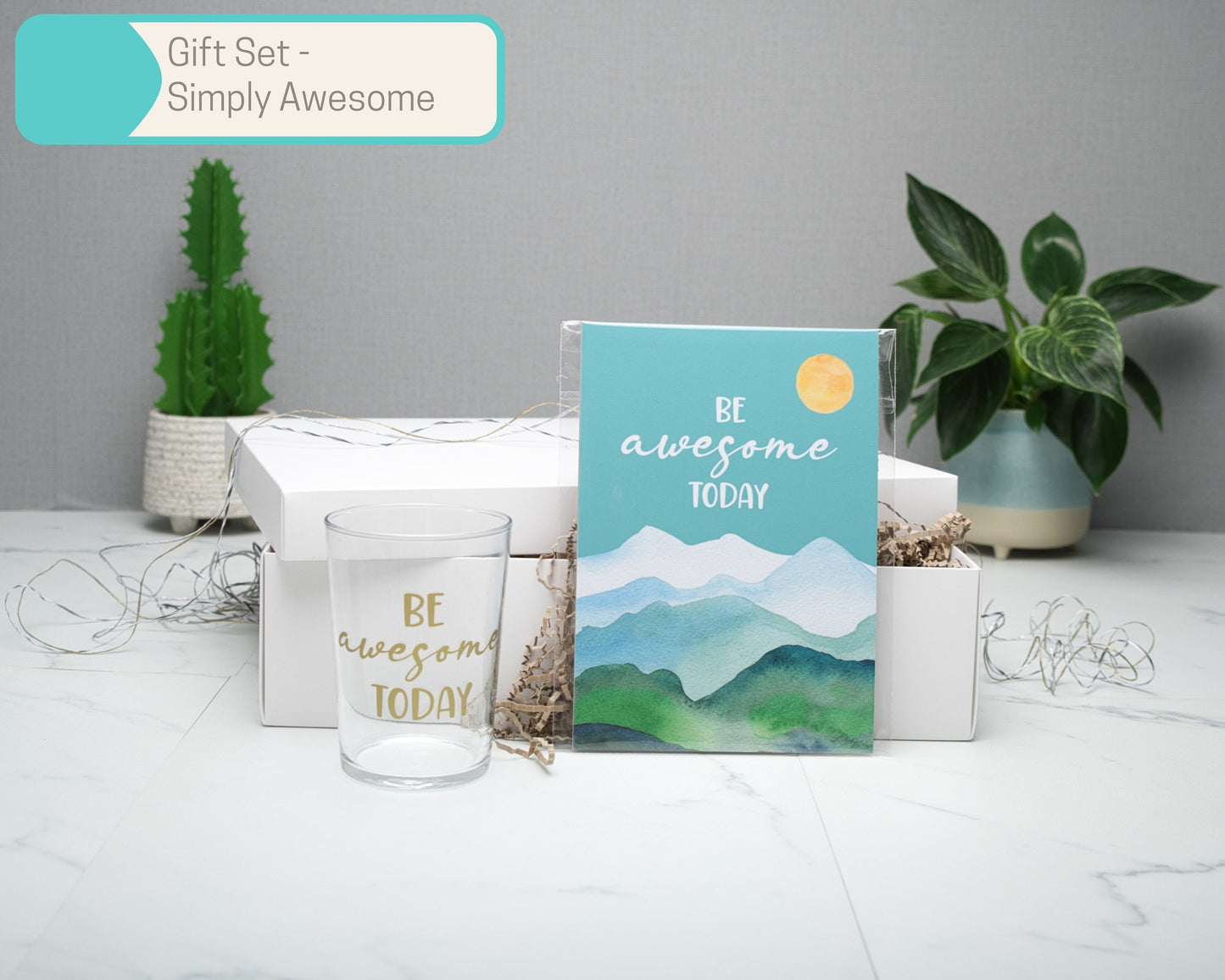Be Awesome A5 Wall Art Print Gift Sets, Cozy Fleece Scrunchies, Candle, 500ml premium glass tumbler, Keyring, Home Decor Gift Box