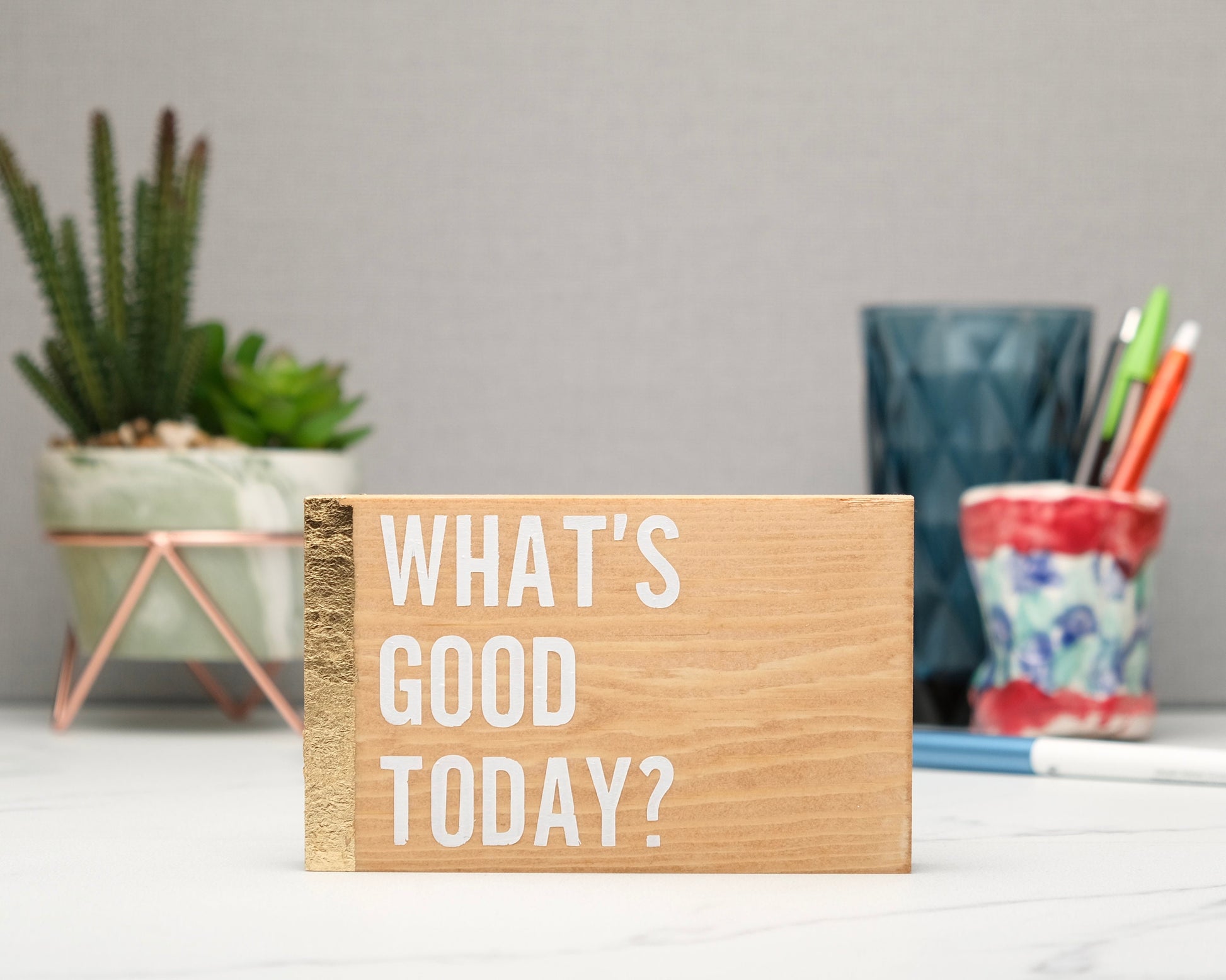 Positive Thinking Small Woodblock Gift Sets, What's Good Today 500ml Premium glass tumbler, Gold Candle, Home Decor Gift Box