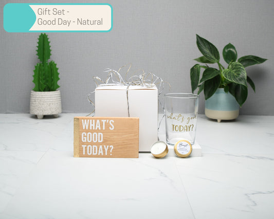 Positive Thinking Small Woodblock Gift Sets, What's Good Today 500ml Premium glass tumbler, Gold Candle, Home Decor Gift Box