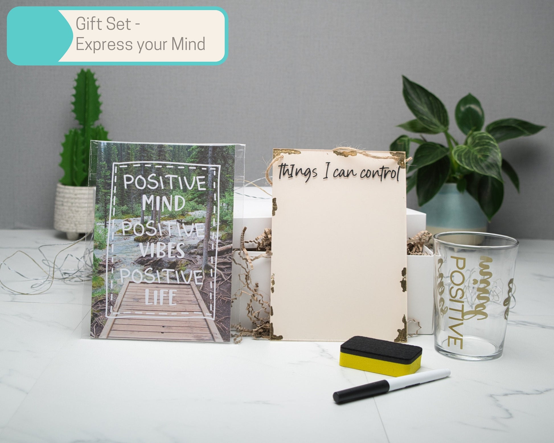 Positive Vibes Mind Life Wall Art Gift Sets in Multiple Sizes, Reusable todo List, Scrunchie, A5 Art Print, candle, 500ml glass tumbler