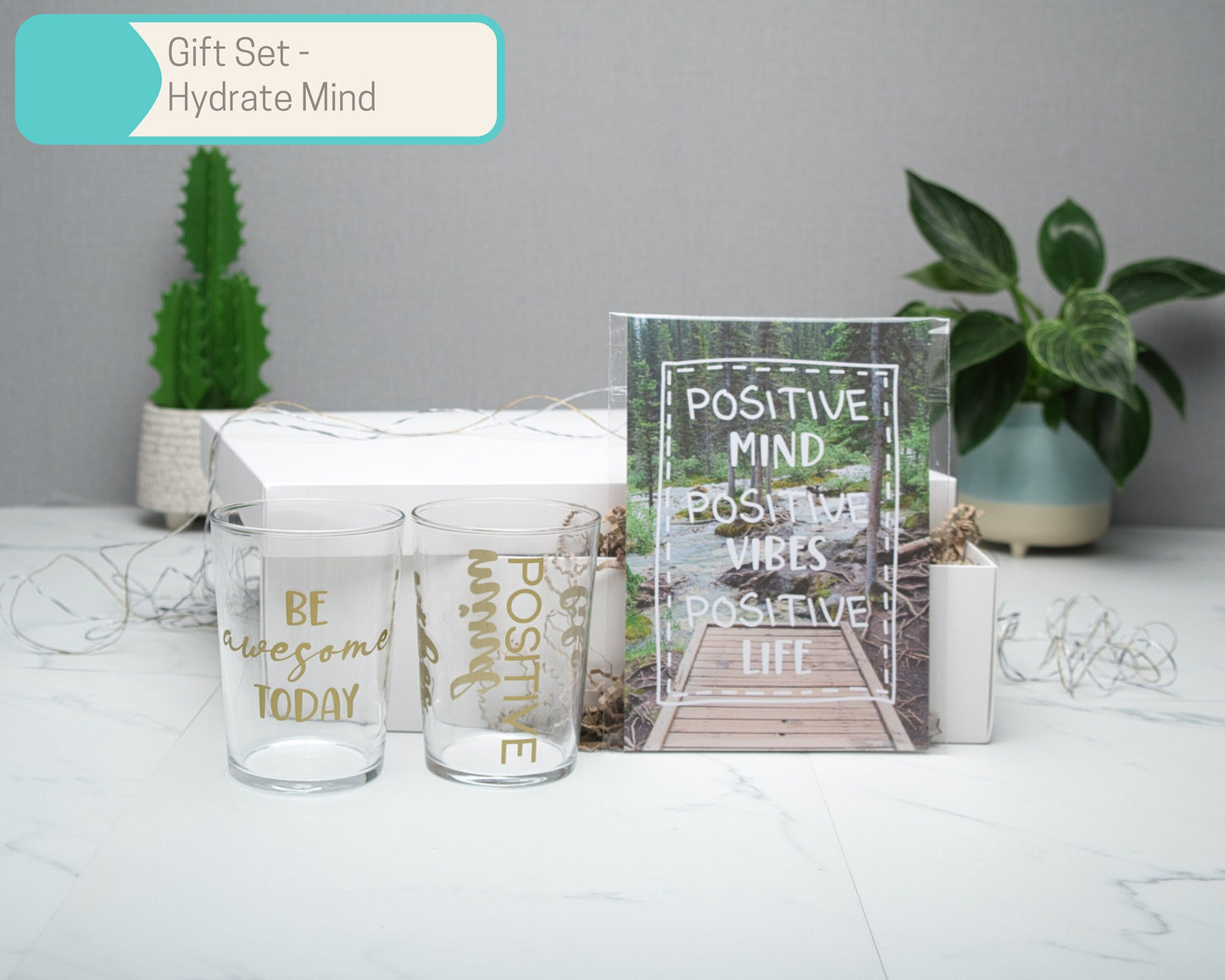 Positive Vibes Mind Life Wall Art Gift Sets in Multiple Sizes, Reusable todo List, Scrunchie, A5 Art Print, candle, 500ml glass tumbler