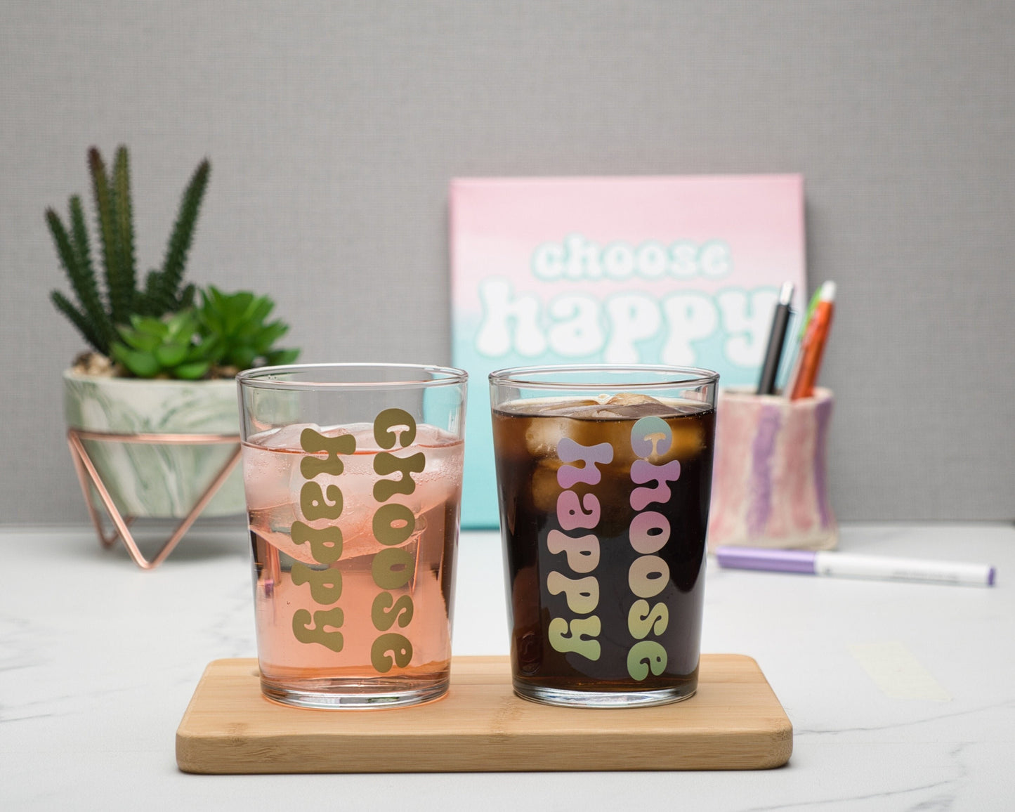 Choose Happy Glass Tumbler, 500ml Highball Glass, Everyday Glass, Self Care Inspirational Quotes, Pastel Rainbow, Gold, Colour Changing