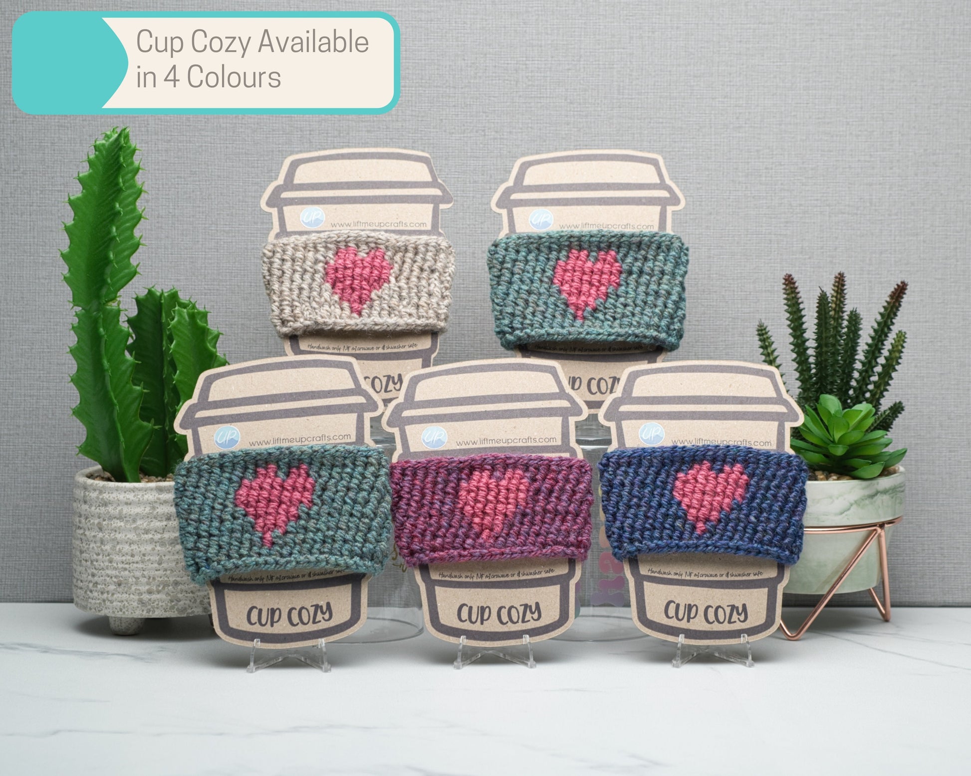 Cute Crochet Heart Cup Cozy for Takeaway Cups, Eco Friendly Handmade Coffee Lovers Gift, Hot Chocolate Hug, Self Care Inspirational Quotes