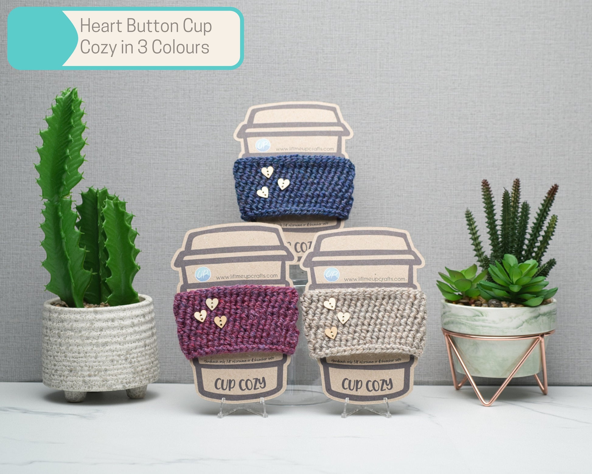Cute Crochet Cup Cozy for Takeaway Cups with Wooden Buttons, Eco Friendly Handmade Coffee Lovers Gift, Self Care Inspirational Quotes, Berry