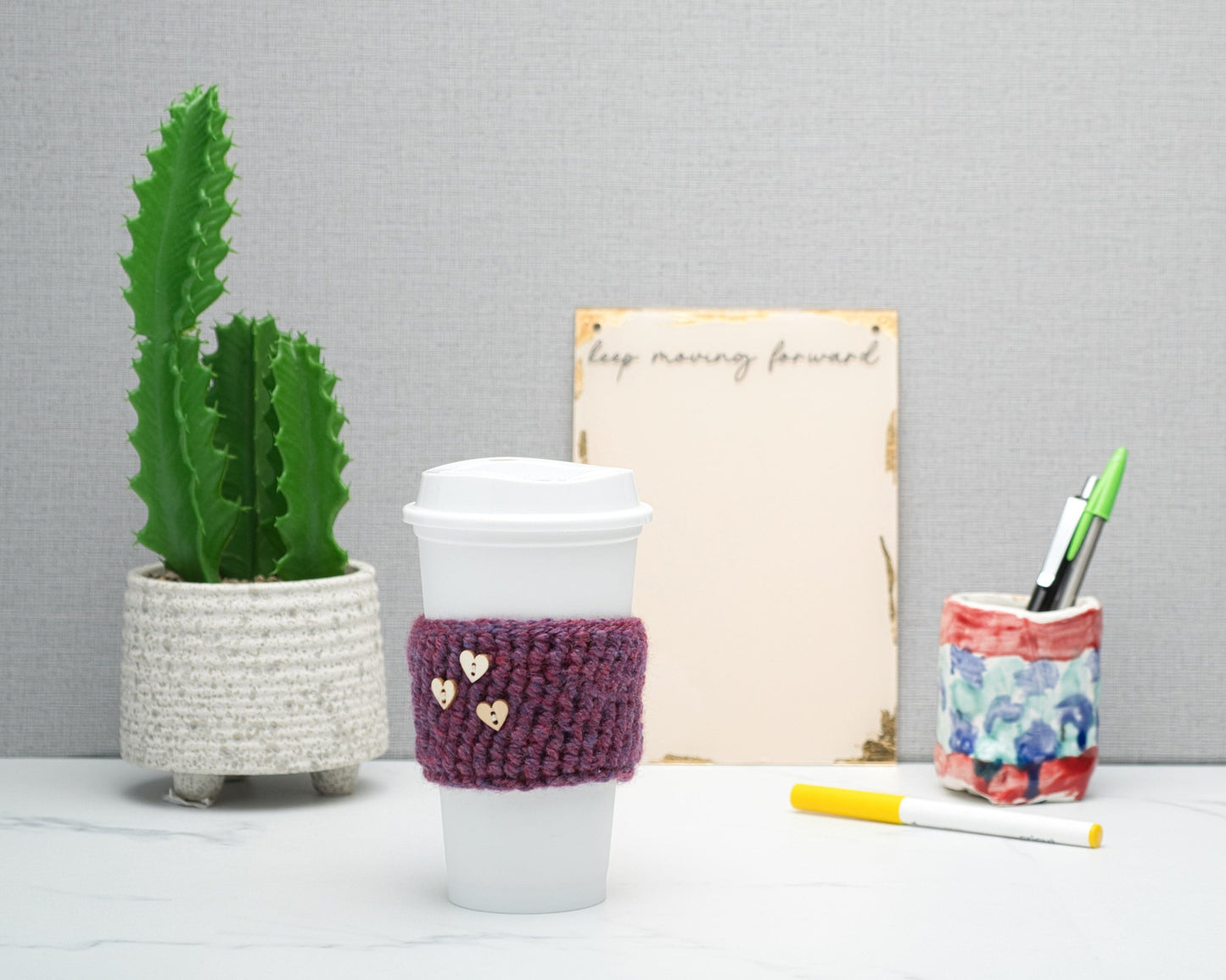 Cute Crochet Cup Cozy for Takeaway Cups with Wooden Buttons, Eco Friendly Handmade Coffee Lovers Gift, Self Care Inspirational Quotes, Berry