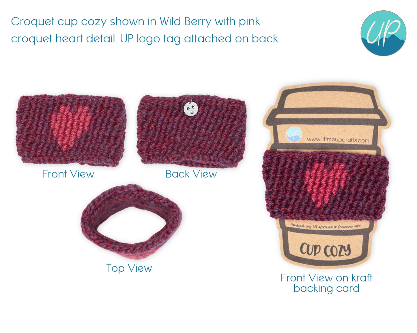 Cute Crochet Heart Cup Cozy for Takeaway Cups, Eco Friendly Handmade Coffee Lovers Gift, Hot Chocolate Hug, Self Care Inspirational Quotes