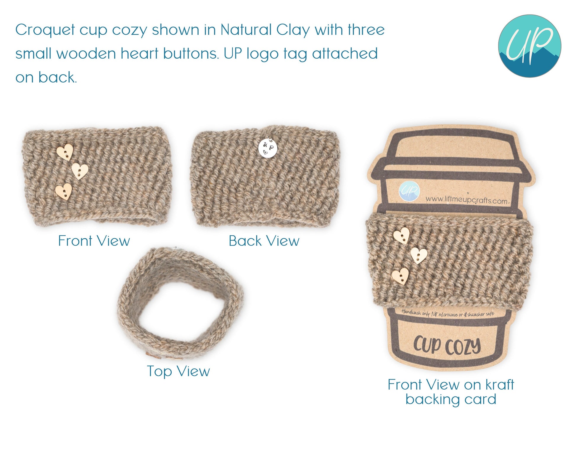 Cute Crochet Cup Cozy for Takeaway Cups with Wooden Buttons, Eco Friendly Handmade Coffee Lovers Gift, Self Care Inspirational Quotes, Clay