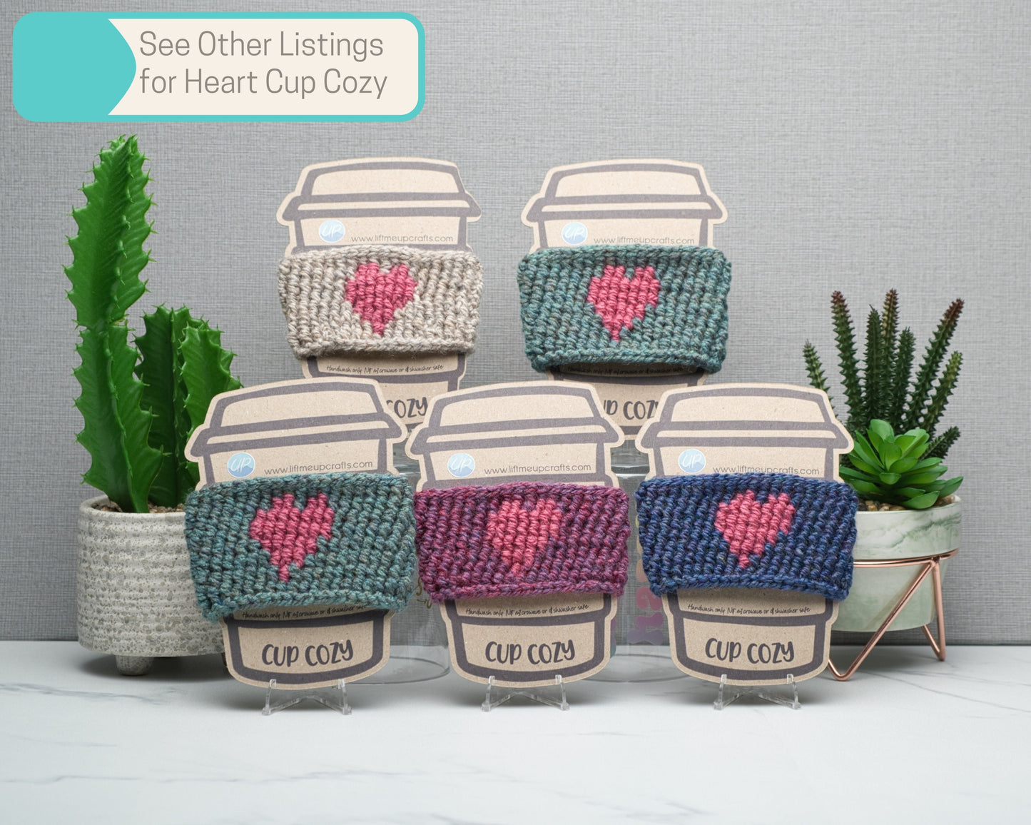 Cute Crochet Cup Cozy for Takeaway Cups with Wooden Buttons, Eco Friendly Handmade Coffee Lovers Gift, Self Care Inspirational Quotes, Berry