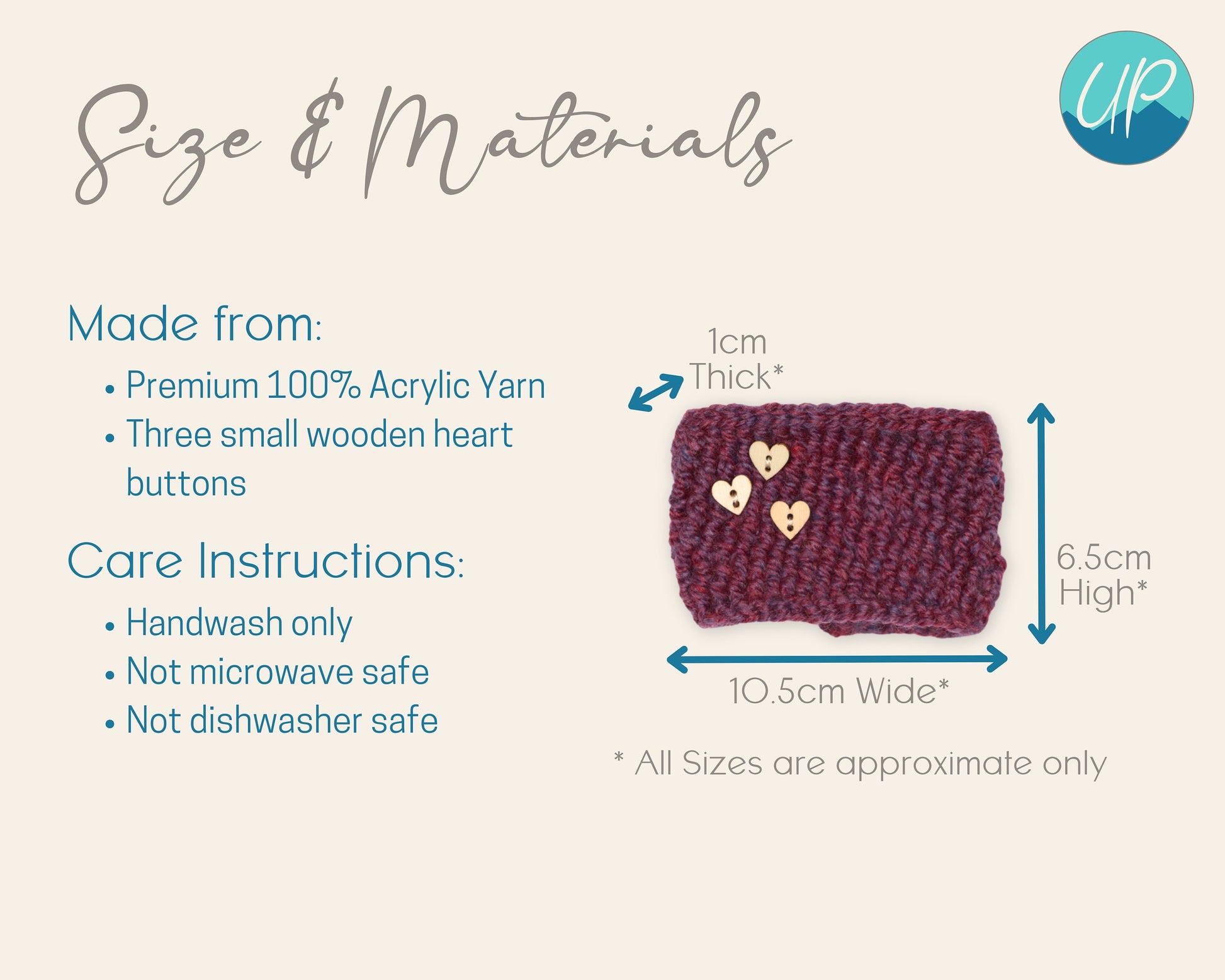 Cute Crochet Cup Cozy for Takeaway Cups with Wooden Buttons, Eco Friendly Handmade Coffee Lovers Gift, Self Care Inspirational Quotes, Berry