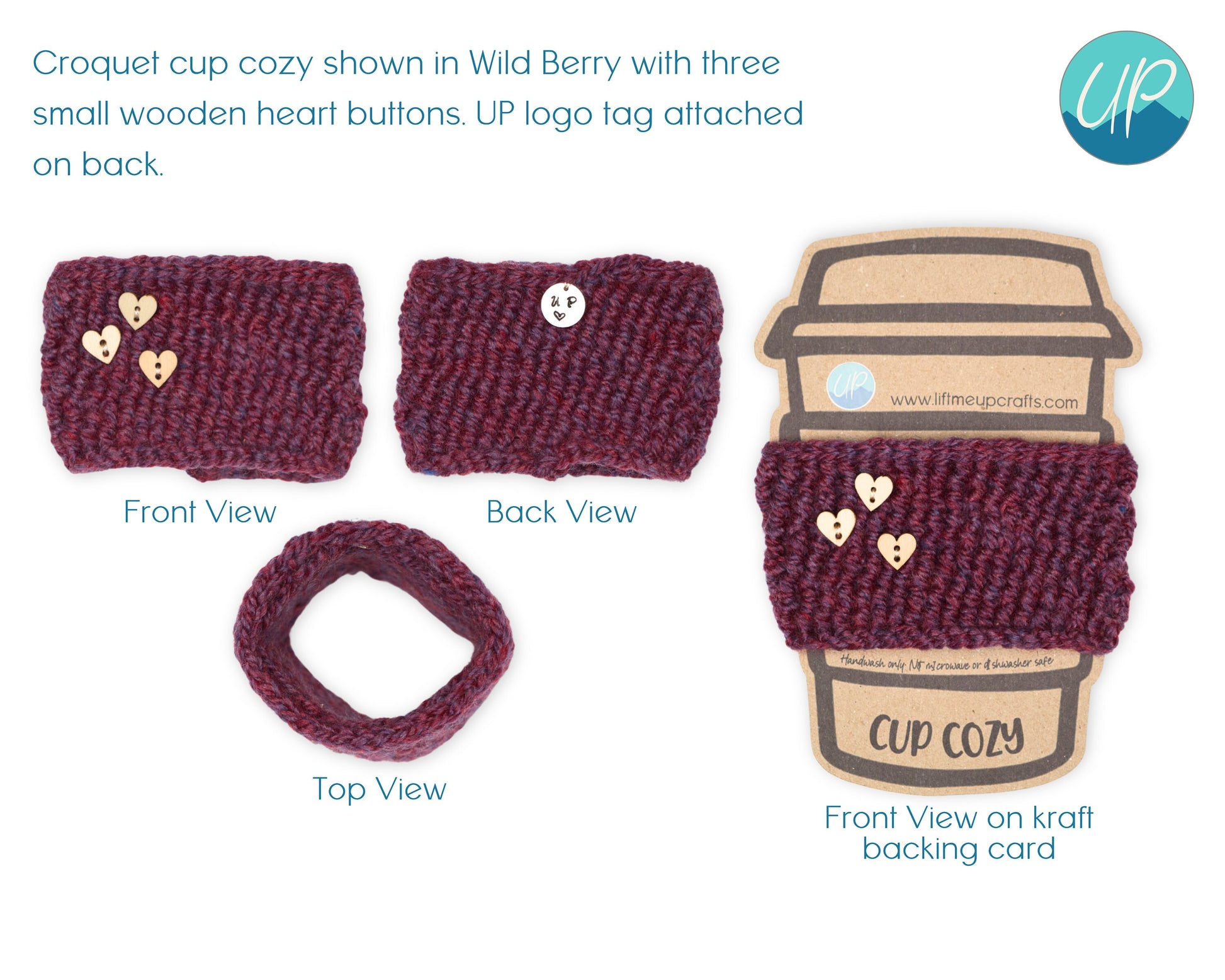 Cute Crochet Cup Cozy for Takeaway Cups with Wooden Buttons, Eco Friendly Handmade Coffee Lovers Gift, Self Care Inspirational Quotes, Berry