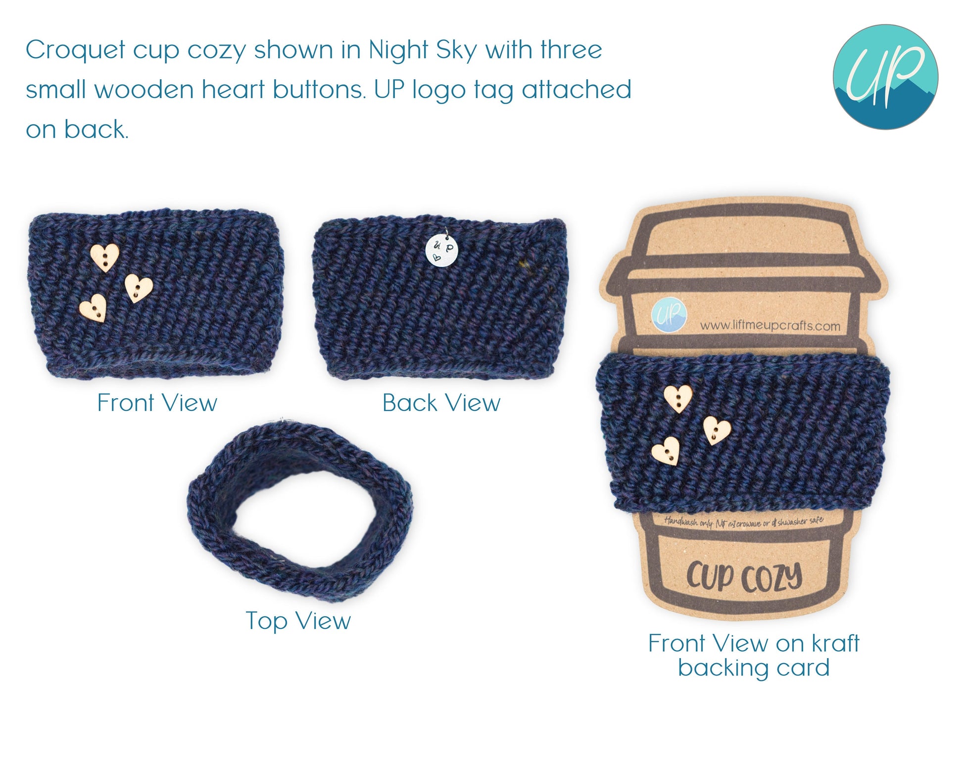 Cute Crochet Cup Cozy for Takeaway Cups with Wooden Buttons, Eco Friendly Handmade Coffee Lovers Gift, Self Care Inspirational Quotes, Blue